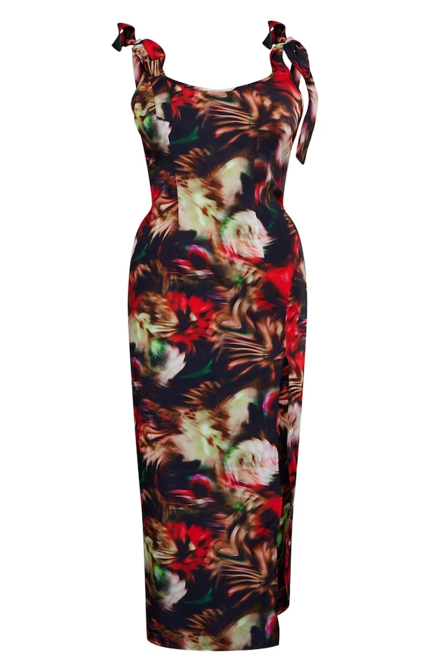 Robe Fendue Longue Rouge Fleuri Abstrait à Bretelles Nouées 5 Robe Fendue Longue Rouge Fleuri Abstrait à Bretelles Nouées – Image 5