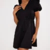 Robe Droite En Popeline Noire à Manches Bouffantes