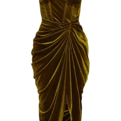 Robe Mi-longue En Velours Vert Olive à épaule Unique, Détail Corset Et Drapée Sur Le Côté -Jupe Lumine Soldes Boutique 9323a5fceb3b2989dc844577634114b6ca748688 cmu4096 6