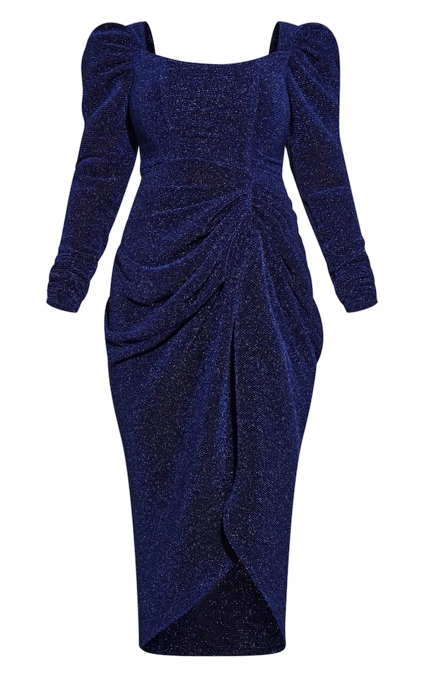 Robe Mi-longue Plissée Pailletée Bleu Marine Fendue à Manches Bouffantes 5 Robe Mi-longue Plissée Pailletée Bleu Marine Fendue à Manches Bouffantes – Image 5