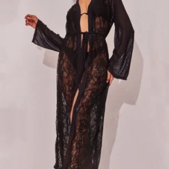 Robe De Chambre Longue En Dentelle Noire à Manches Volantées