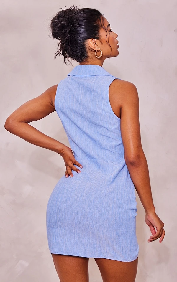 Robe Moulante Style Gilet Bleue Effet Lin à Découpes 2 Robe Moulante Style Gilet Bleue Effet Lin à Découpes – Image 2