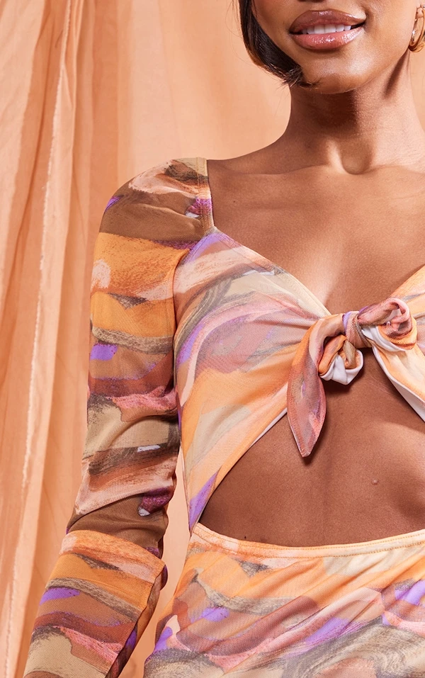 Robe Moulante En Mesh Imprimé Tourbillons Multicolores à Découpes Et Devant Noué 4 Robe Moulante En Mesh Imprimé Tourbillons Multicolores à Découpes Et Devant Noué – Image 4