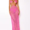Robe De Plage Longue En Maille Rose à Bretelles Et Découpes