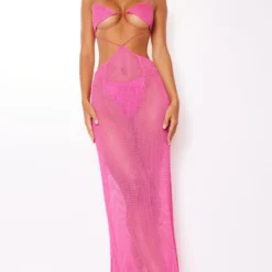Robe De Plage Longue En Maille Rose à Bretelles Et Découpes