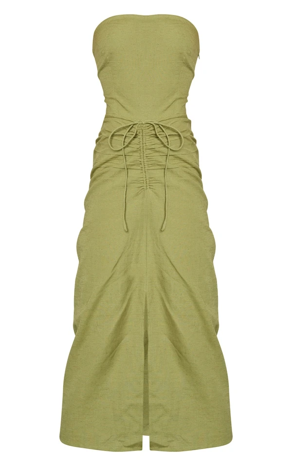 Robe Longue Bustier En Effet Lin Kaki Froncé 5 Robe Longue Bustier En Effet Lin Kaki Froncé – Image 5