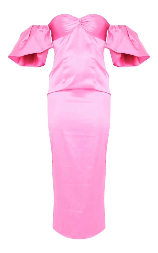 Robe Mi-longue Rose Vif Satinée Nouée Sur Le Buste à Col Bardot Et Manches Bouffantes 5 Robe Mi-longue Rose Vif Satinée Nouée Sur Le Buste à Col Bardot Et Manches Bouffantes – Image 5