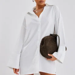 Robe Chemise Oversize En Popeline Blanche à Mancherons Larges