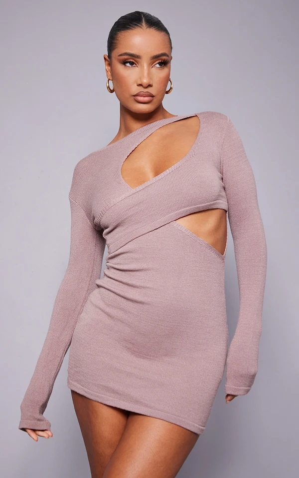 Mini Robe à Devant Asymétrique Café Au Lait En Maille Tricot 3 Mini Robe à Devant Asymétrique Café Au Lait En Maille Tricot – Image 3
