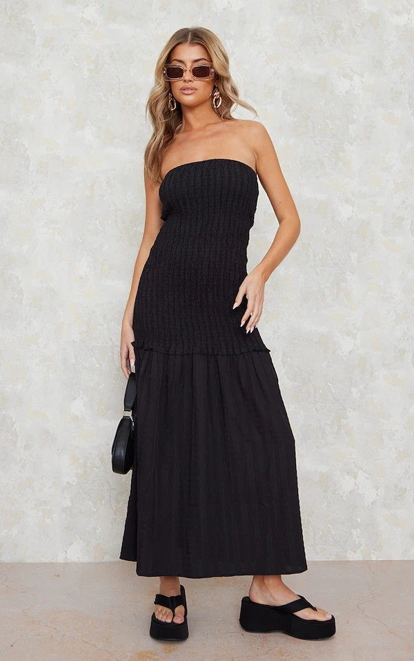 Robe Longue Bustier Froncée Noire à étages 1 Robe Longue Bustier Froncée Noire à étages