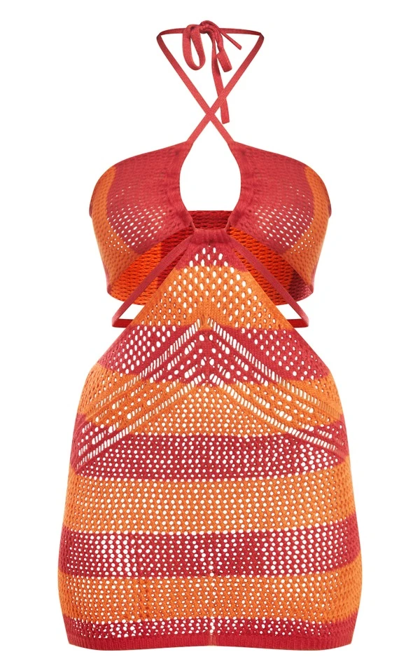 Robe En Maille Crochet Rayée Rouille à Détail Croisé Devant 5 Robe En Maille Crochet Rayée Rouille à Détail Croisé Devant – Image 5