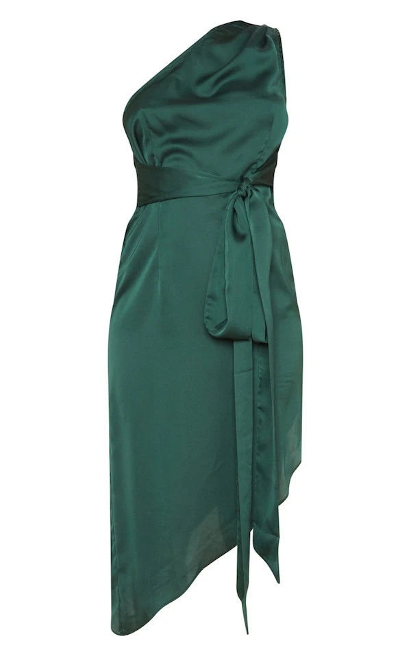 Robe Mi-longue Vert émeraude Satinée Manche Unique Et Ourlet Asymétrique 3 Robe Mi-longue Vert émeraude Satinée Manche Unique Et Ourlet Asymétrique – Image 3