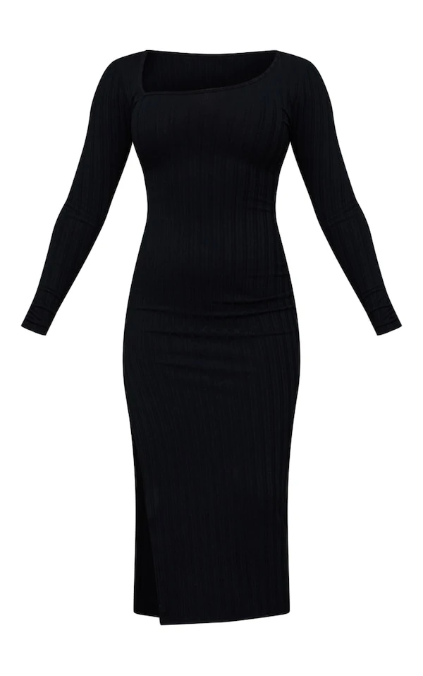 Robe Fendue Longue Noire Côtelée Large à Col Asymétrique 5 Robe Fendue Longue Noire Côtelée Large à Col Asymétrique – Image 5