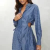 Robe Chemise Bleu Foncé à Taille Froncée Et Découpée