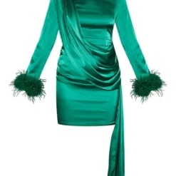 Robe Moulante Vert Vif Satinée Drapée à Col Montant Et Manchettes En Plumes -Jupe Lumine Soldes Boutique 969ff60952b478a8ffd7c12ffada1c0654c5f211 cnb3504 5