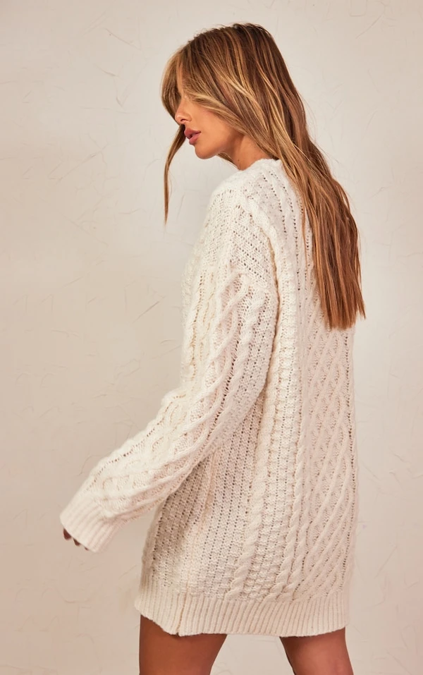 Robe Pull En Maille Torsadée épaisse Crème 2 Robe Pull En Maille Torsadée épaisse Crème – Image 2