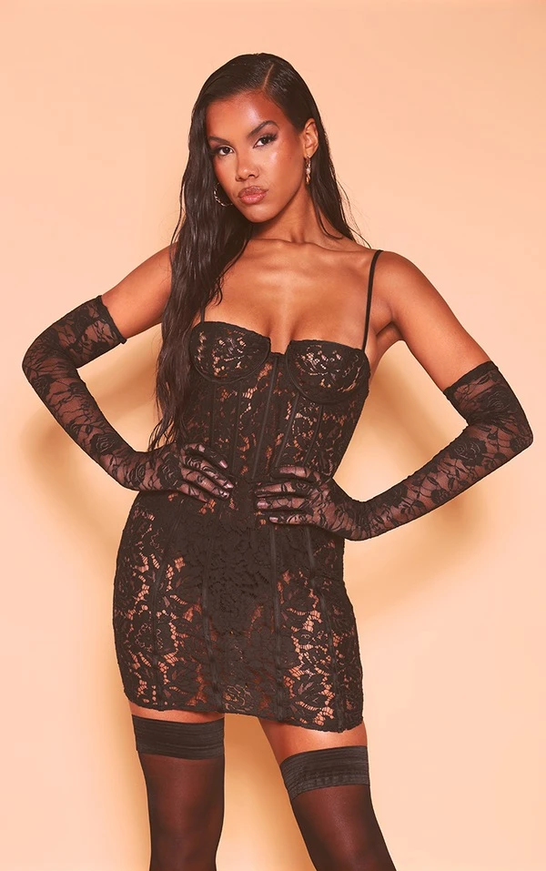 Robe Moulante En Dentelle Noire Transparente à Corset 1 Robe Moulante En Dentelle Noire Transparente à Corset