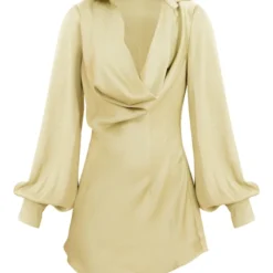 Robe-chemise Satinée Texturée Vert Sauge à Col Bénitier Détaillé -Jupe Lumine Soldes Boutique 97f956accf1a734d62f2e5bd103e2aa9ea903060 cne1437 5