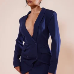 Robe Blazer Bleu Marine à Double Boutonnière Et Ourlet Asymétrique