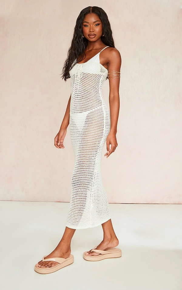 Robe Bustier Longue Avoine En Maille Crochet Lacée Devant 3 Robe Bustier Longue Avoine En Maille Crochet Lacée Devant – Image 3