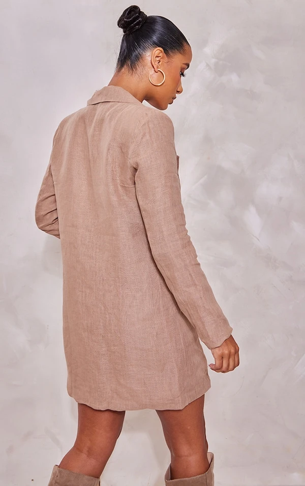 Robe Blazer Effet Lin Beige à Détail Poches 2 Robe Blazer Effet Lin Beige à Détail Poches – Image 2