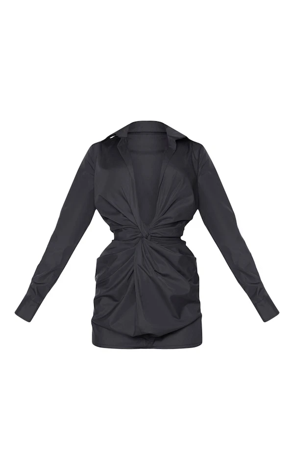 Robe Chemise Noire Décolletée à Détail Noué 3 Robe Chemise Noire Décolletée à Détail Noué – Image 3