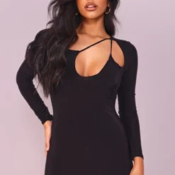 Logic Robe Très Moulante Noire à Découpes Multiples Et Manches Longues