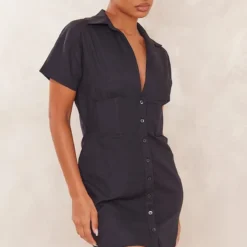 Robe Chemise Effet Lin Noir à Manches Courtes Et Taille Cintrée -Jupe Lumine Soldes Boutique 9a2a23cfed1ee00bb22b73b9770ae1d1669cdfcf cnd4041 3