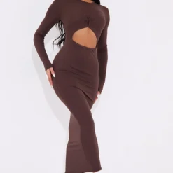 Robe Longue En Jersey Chocolat Découpée à Noeud