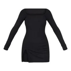 Robe Moulante Fendue Côtelée Noire à Col Carré Et Manches Longues -Jupe Lumine Soldes Boutique 9b4c35a07be2b3c87128dce481e56be3f7ce237a cmt9397 6