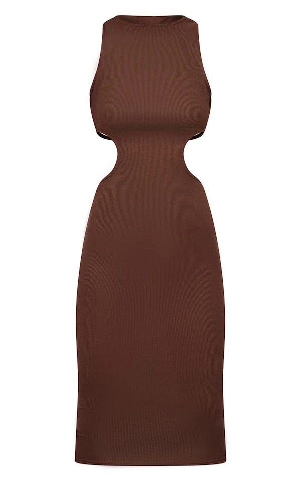 Robe Mi-longue Côtelée Chocolat à Côtés Découpés 5 Robe Mi-longue Côtelée Chocolat à Côtés Découpés – Image 5
