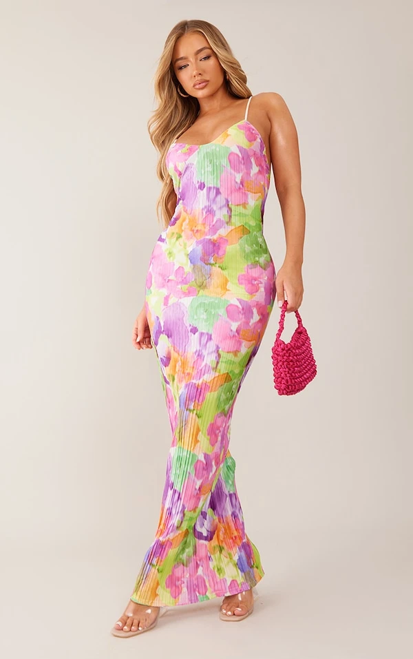 Logic Robe Longue Multicolore Fleurie Plissée à Bretelles Et Dos échancré 1 Logic Robe Longue Multicolore Fleurie Plissée à Bretelles Et Dos échancré