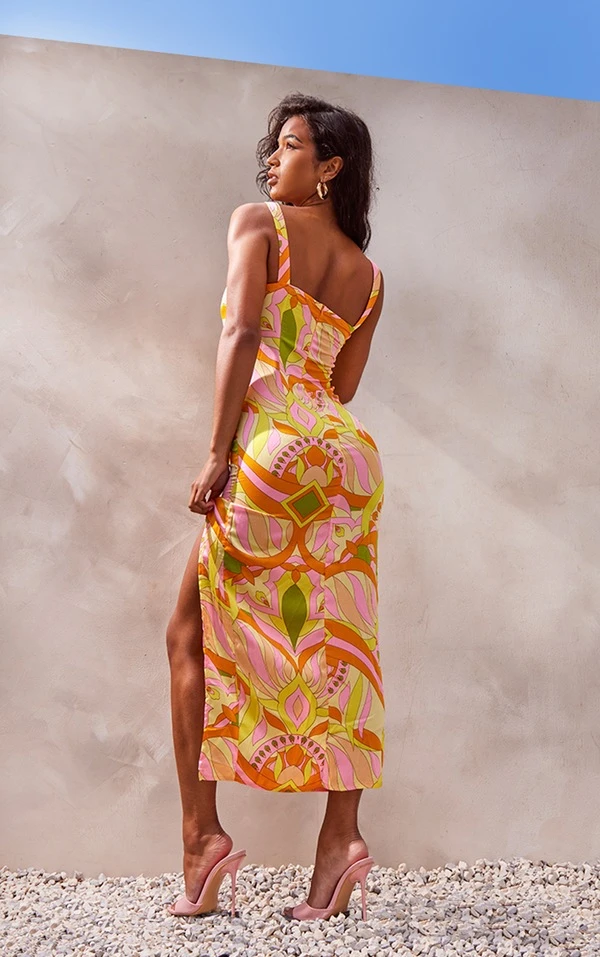 Robe Mi-longue Tissée Orange Imprimé Abstrait Fendue 2 Robe Mi-longue Tissée Orange Imprimé Abstrait Fendue – Image 2