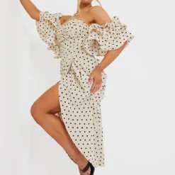 Robe Mi-longue Drapée Crème Imprimé Pois à Col Bardot Et Manches Volantées -Jupe Lumine Soldes Boutique 9e82859afd80f56c38a17c7579af658a4add99e4 cmq6556 4