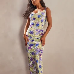 Robe Longue En Mesh Floqué Violet Imprimé Fleuri à Col Bénitier