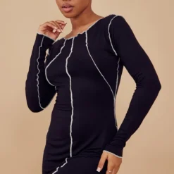 Robe Moulante En Jersey Noir à Coutures Contrastantes