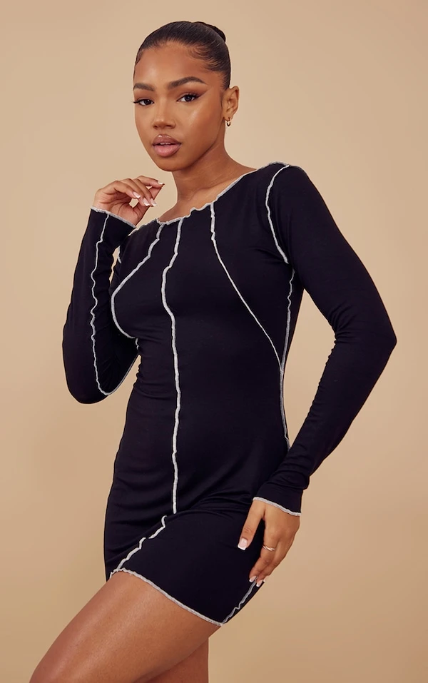 Robe Moulante En Jersey Noir à Coutures Contrastantes 1 Robe Moulante En Jersey Noir à Coutures Contrastantes