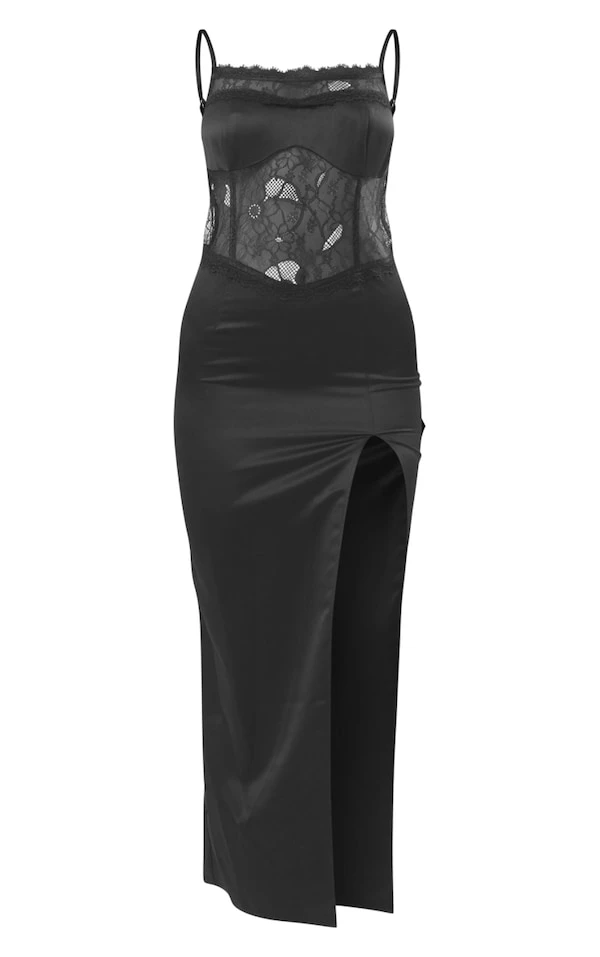 Robe Fendue Longue Noire Satinée à Parties En Dentelle Et Bretelles 5 Robe Fendue Longue Noire Satinée à Parties En Dentelle Et Bretelles – Image 5