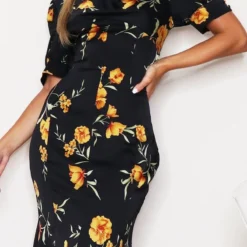 Robe Mi-longue Noire Imprimée Fleuri à Manches Bouffantes Et Col Bénitier -Jupe Lumine Soldes Boutique a180a02567992d7d3c61019a9ce002607c4d6932 cmn9278 4