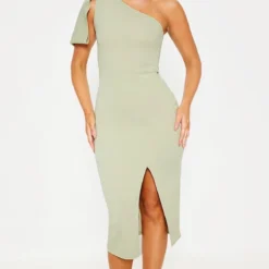 Robe Mi-longue Vert Sauge à épaule Unique Et Détail Noeud