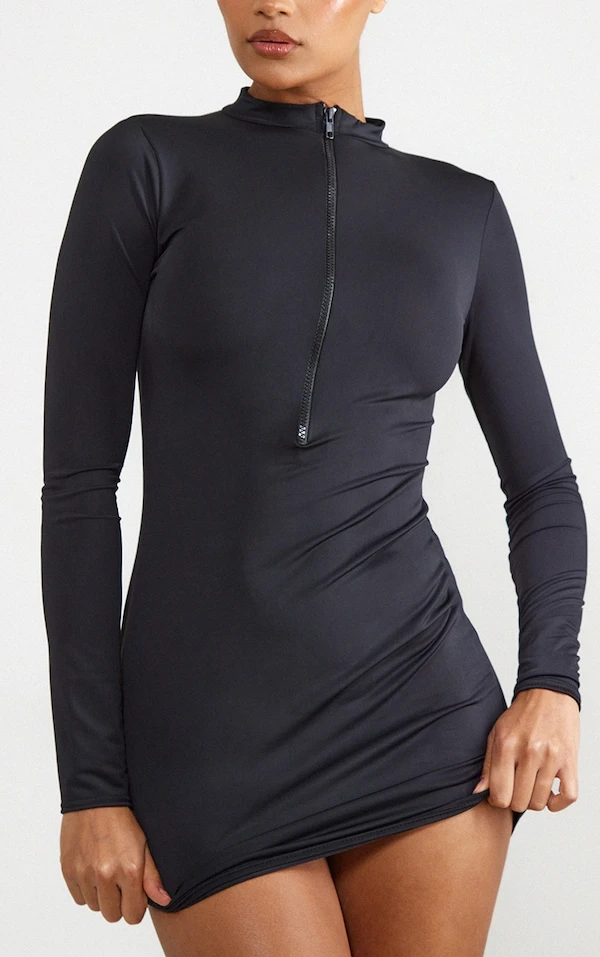 Robe Moulante Noire Sculpt Mat à Zip Et Manches Longues 4 Robe Moulante Noire Sculpt Mat à Zip Et Manches Longues – Image 4