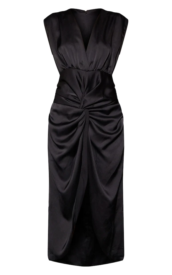 Robe Mi-longue Satinée Noire à Décolleté Plongeant Et Jupe Drapée 5 Robe Mi-longue Satinée Noire à Décolleté Plongeant Et Jupe Drapée – Image 5