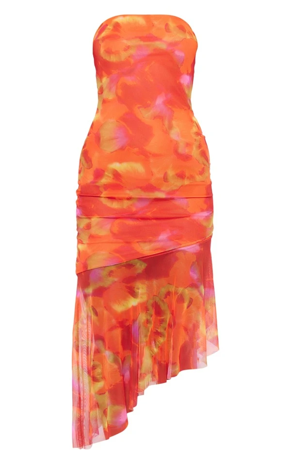 Robe-bustier Asymétrique Mi-longue Orange Imprimé Abstrait à Ourlet Volanté 5 Robe-bustier Asymétrique Mi-longue Orange Imprimé Abstrait à Ourlet Volanté – Image 5