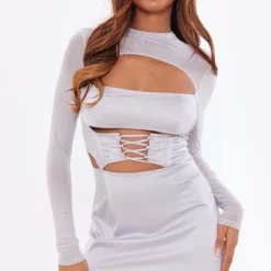 Robe Moulante Satinée Argentée Lacée à Corset Et Manches Longues En Mesh