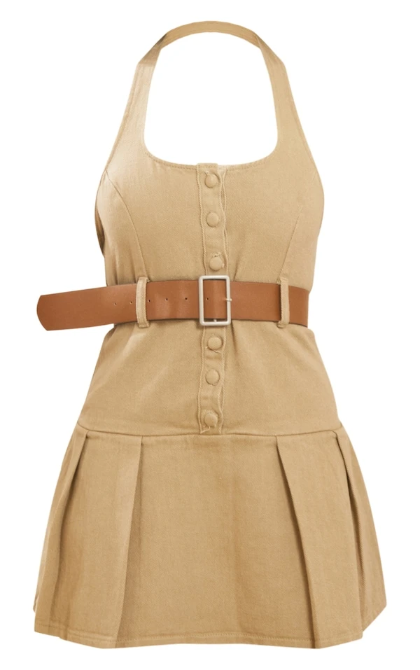 Mini Robe Dos Nu En Jean Marron Clair à Ceinture Tressée Et Jupe Plissée 5 Mini Robe Dos Nu En Jean Marron Clair à Ceinture Tressée Et Jupe Plissée – Image 5