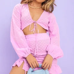 Robe Moulante Brodée Lilas Imprimé Petites Fleurs à Jupe Froncée