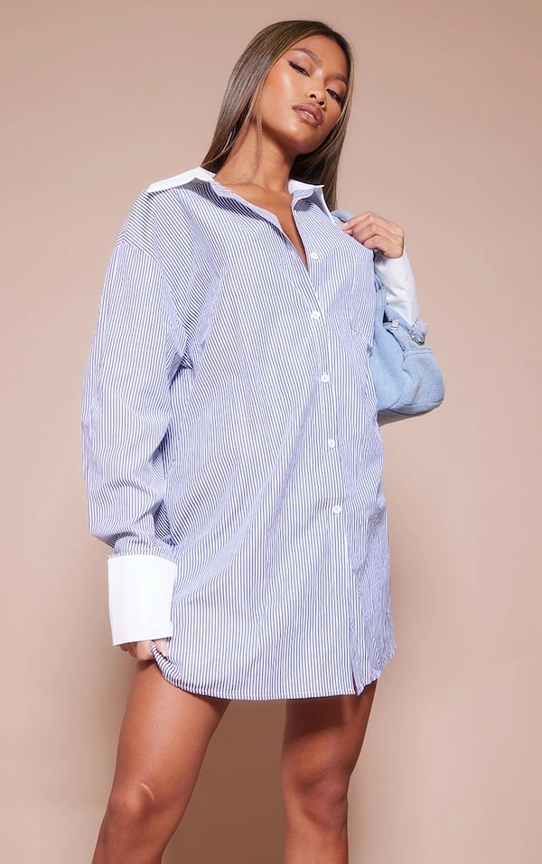 Robe Chemise Oversize Bleue à Rayures Et Col Contrastant 1 Robe Chemise Oversize Bleue à Rayures Et Col Contrastant
