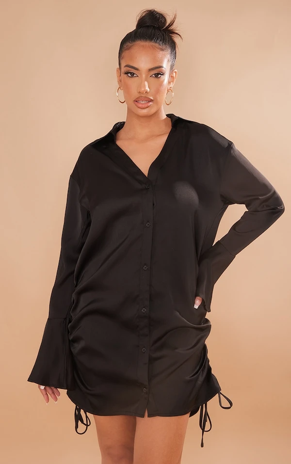 Robe Chemise Satinée Noire à Manches évasées à Double Fronce 3 Robe Chemise Satinée Noire à Manches évasées à Double Fronce – Image 3