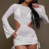 Mini Robe De Plage Blanche Découpée à Manches Cloches
