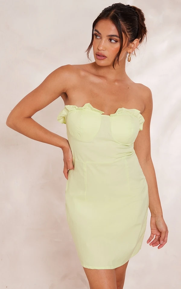 Robe Bustier Moulante Vert Citron à Buste Volanté 1 Robe Bustier Moulante Vert Citron à Buste Volanté